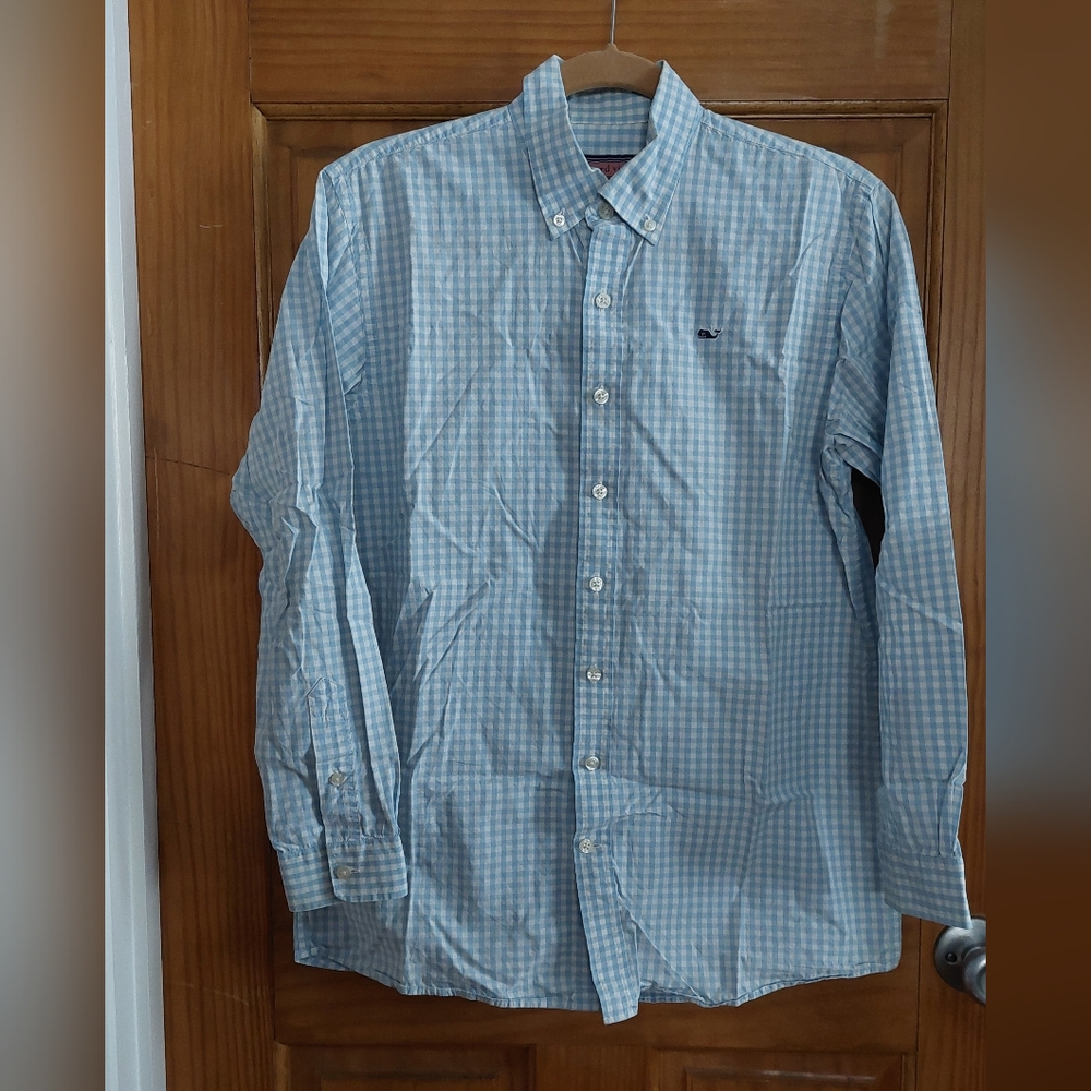 BOYS Vinyard Vines lt blu gingham shirt Sz XL